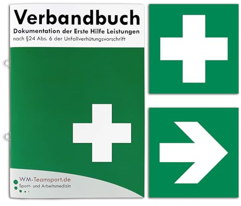 VERBANDBUCH Erste Hilfe - Verbandbuch/Meldebuch mit heraustrennbare Seiten nach DSGVO DIN A5 nach § 24 Abs. 6 der Unfallverhütungsvorschrift + AUFKLEBER Rettungszeichen & Richtungspfeil