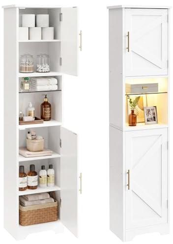 Vantimo Armario Baño Estrecho con LED, 170x40x30 cm, Mueble Baño Madera, Estantería Nicho con Estantes Cristal Regulables, Armario Alto Multifuncional para Salón, Dormitorio y Baño