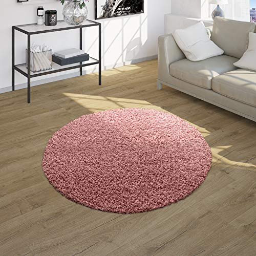 Paco Home Shaggy Tapis Poils Hauts Poils Longs Tapis Haut De Gamme Pastel Uni Diff. Coloris, Dimension:120 cm Rond, Couleur:Pink