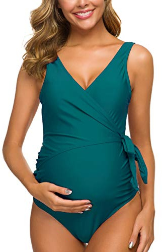 Love2Mi Traje de baño de maternidad de una pieza elegante con cuello en V, traje de baño de maternidad con lazo frontal, azul pavo real, S