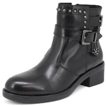 QUEEN HELENA Stivaletti di Pelle con Tacco Stivali Bassi con Fibbia Casual Donna S269 (Nero, numeric_37)