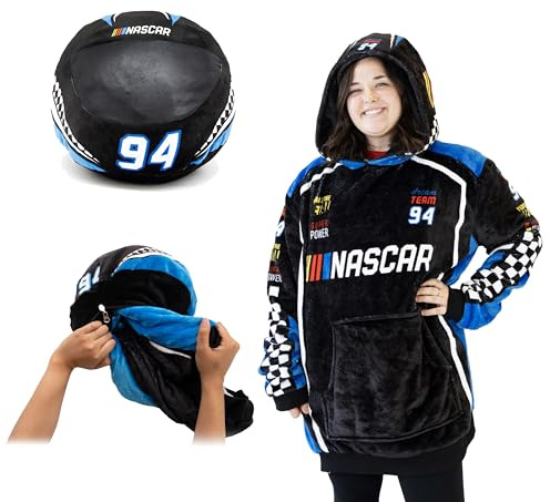Plushible NASCAR-Themed Oversized Wearable Hooded Blanket for Adults Men and Women - Soft Polyester Snuggle Wrap Sweatshirt - Black