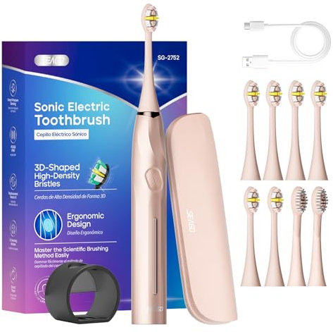 Seago Electric Toothbrush with Pressure Sensor, 8 Brush Heads & Travel Case, 30 Days Battery Life, 5 Modes with Teeth Whitening, Travel Electric Toothbrush, for Women/Men, SG-2752(Pink)