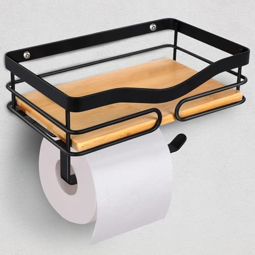 JOLY FANG Porta Carta Igienica con Ripiano in Bambù Naturale, 2 in 1 Senza Foratura Porta Rotolo Carta Igienica da Parete, Portarotolo Autoadesivo Carta Igienica per Bagni e Cucine (Nero)