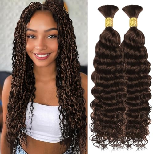 Water Wave Bulk Human Hair for Boho Braids 2 Bundles 16inch Chocolate Brown | Human Hair for Braiding Water Wave Bulk 100% Unprocessed Brazilian Virgin Braiding Boho Braids Hair No Weft Water Wave 100g