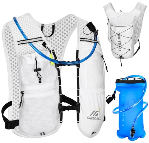 ONETOALL Chaleco Running Hombre Mujer, Ligero Mochila Hidratacion Trail Running, Chaleco para Correr con Bolsa Agua 2L, Silbato y Reflectante para Ciclismo Senderismo
