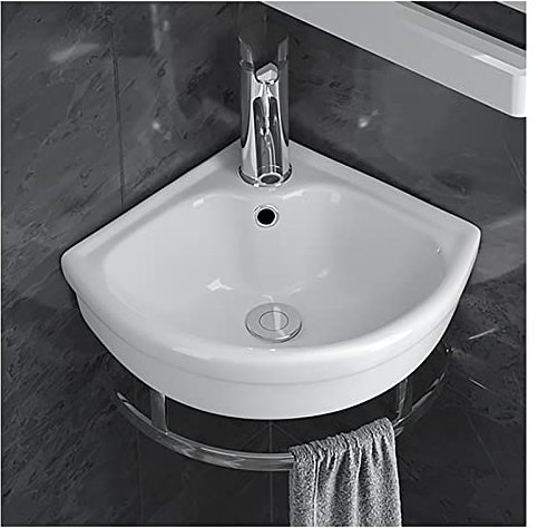 Piccolo lavabo da bagno ad angolo in ceramica bianca con rubinetto Combo Tower Hanger e troppopieno mini lavandino per piccoli spazi