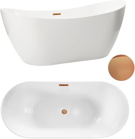 Aquauno - Baignoire autoportante ovale en acrylique sanitaire de qualité supérieure - Avec bonde clic clac, trop-plein, couvercle, bonde en cuivre - Design moderne pour baignoire autoportant - 170 x