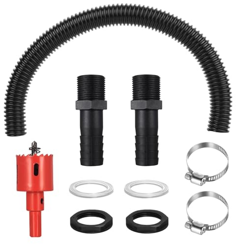 1 Regentonnen Verbindungsset, 1.57 Zoll (40mm) Regentonnendurchführung Fassanschluss Regentonnen Verbinder Set + 1 50 cm Verbindungsschlauch, 2 Dichtungen, 2 Klemmen, 2 Muttern, 1 Lochsäge