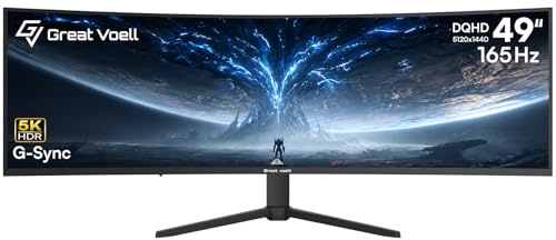 Great voell 49 Inch Curved Gaming Monitor, 32:9 DQHD 5K 165Hz 1ms Ultrawide Display, 1500R Immersive Curvature, HDR400, 127% sRGB, FreeSync, HDMI/DP, VESA Mountable for Gaming & Productivity