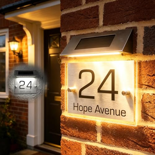 Número de Casa Iluminado Solar, Número de Casa Solar con 18 LEDs, Letrero de Número de Casa Grande IP65 Impermeable, Letrero de Número de Casa de Acero Inoxidable, Número de Casa Solar de Dos Colores
