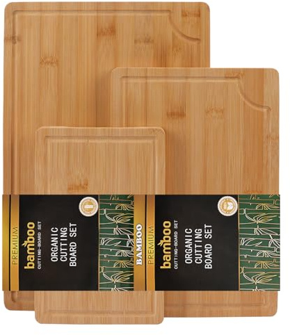Tabla Cortar Cocina,Juego de Tablas de Cortar de 3 Piezas,Tabla de Cortar de Bambú,Madera Preengrasada para la Carne Jamon, Pan, Quesos