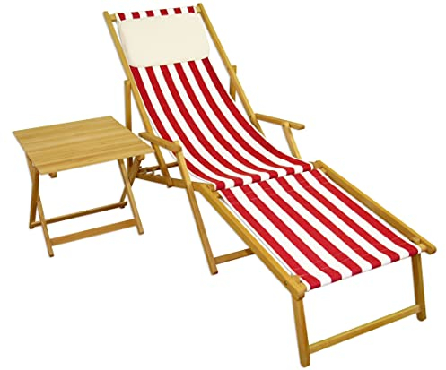 Erst-Holz Liegestuhl rot-weiß Gartenliege Strandliege Buche Natur Fußteil Tisch Kissen 10-314 N F T KH