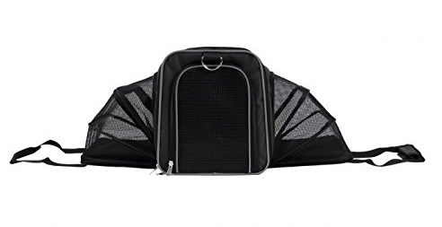 Wouapy - Sac Camping pour Chien et Chat - Sac de Transport en Tissu Nylon Résistant - Larges Filets pour Une Ventilation Maximale - Extensible en Grand Espace Sécurisé - Taille Unique - Noir