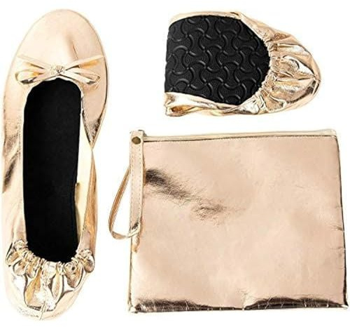 Foldable Ballet Flats - Women's Portable Ballerina Roll up Shoes with Pouch, Nude
