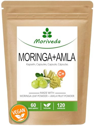 Moringa + Amla Kapseln 600mg - Immunsystem und Energie - 2 Monats Vorrat - Moringa Oleifera Blattpulver und Amla Pulver mit natürlichem Vitamin C - vegan und glutenfrei - von MoriVeda - 120 Caps
