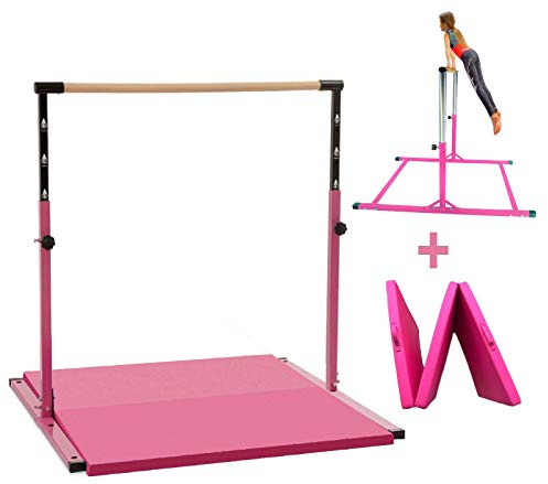 Athletic Bar Gymnastics Kip Bar Horizontal Bar + 4x6 Tumble Mat Professional Junior Gymnastic Training High Bar Asymmetric Bar 13 Level Height Adjustable Expandable 3 to 5 FT Indoor Outdoor Use (Pink)