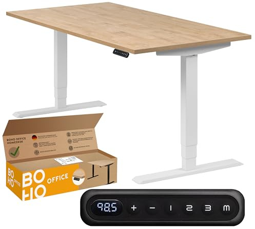boho office® höhenverstellbarer Schreibtisch 120 x 80 cm - Elektrisch stufenlos, 2 Motoren, 3-Fach Teleskop, Memoryfunktion - Homedesk Weiß inkl. Tischplatte in Wildeiche