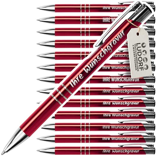 #teamludorf 50x Metall-Kugelschreiber mit Wunsch-Gravur - Personalisierte Kulis - Stift mit Namen - 14 Farben & 20 Schriftarten - 50 Stück - Rot