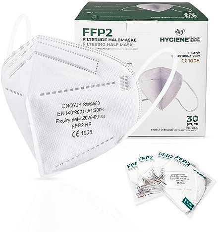 Hygiene100® FFP2 Paquet de 30 masques anti-poussière hygiéniques blancs à 5 couches, certifiés par le site, emballés individuellement, masque pliable, masque à filtre à particules.