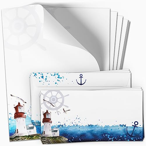 10 Briefpapier mit Briefumschlag SET | Maritim Ostsee Nordsee Leuchtturm | Papier und Umschlag mit Design-Motiv bedruckt | 90 g/m²