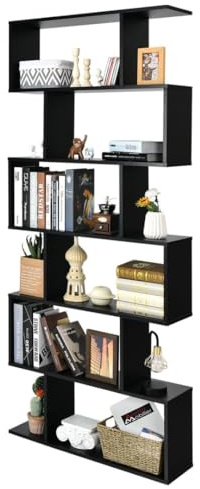 SFAREST 5/6 Tier Bookcase, Wooden S-Shaped Bookshelf, Freestanding Shelving Display Storage Organizer Unit for Living Room Study Room Office (Black, 80 x 23 x 192cm)