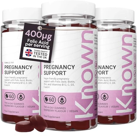 Known Pregnancy Support Gummies with 400mcg Folic Acid – Raspberry Flavour – Vegan Prenatal Multivitamin Gummy Supplement – with Vitamin D3, K, C, E, B12, Biotin & Zinc – 3 Month Supply