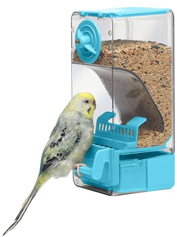 Automatic Bird Feeder, Bird Cage Feeder with Perch for Parakeet Canary Cockatiel Finch (Blue)