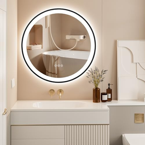 ChillCruiser Runder LED-Badezimmerspiegel 50cm mit schwarzem Rahmen, beschlagfrei LED-Spiegel fürs Badezimmer, kreisförmig beleuchteter Badezimmerspiegel für die Wand, 3 Farben, Memory
