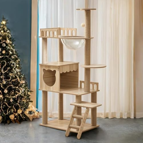 Rascador de Madera de 135 cm, Grande, Estable, Moderno, con condominio, Escalera, Cuenco, 9 Bolas de Juguete de sisal, rascador para Gatos Grandes (KT-022)
