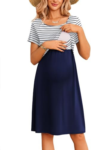 Ekouaer Stillkleider Damen Kurzarm Sommer Geburt Schwangerschaft Stillkleidung Rundhals Umstandskleid, Streifen-Navy, S