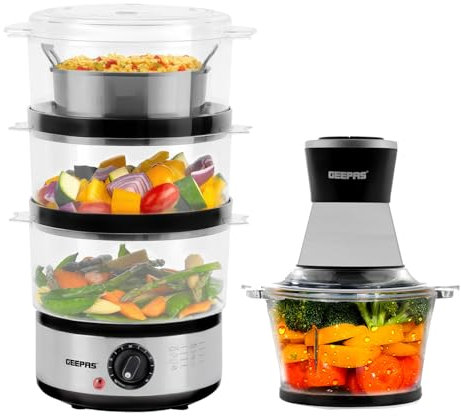 Geepas 3-Tier Food Steamer & 500W Mini Food Processor Combo Set | 7.2L Vegetable Steamer, 3 Removable Bowls & Rice Bowl, 400W | Food Chopper Meat Grinder, 2L Glass Jar | 4 Bi-Level Blades, 2 Speed
