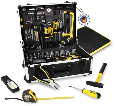 BAMATO WORK-193 Werkzeugkoffer gefüllt 193-tlg Werkzeug Set | Werkzeugkiste fahrbar | Werkzeugbox komplett mit Werkzeug für Werkstatt und Haushalt | Teleskophandgriff | Koffer mit Rollen