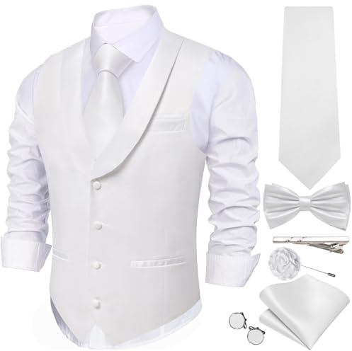 Barry.Wang Vest Tie Set for Men Solid Color Suit Vest Necktie Cufflinks Bow Tie Set Formal Business Wedding Party, White, Small