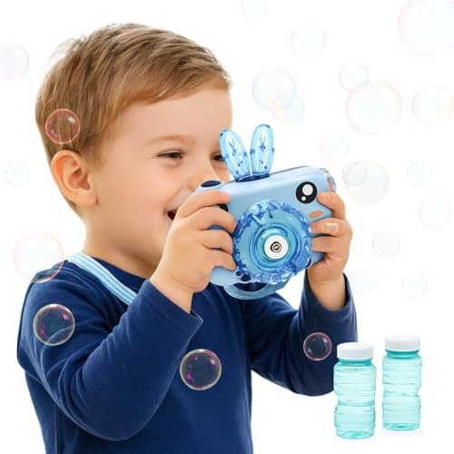 AMATOYS - Camara de Burbujas para Niños - Juguete Infantil con Luz y Sonido - Maquina Automatica para Hacer Burbujas - Camara de Juguete para Niños - Pompero Automatico (Conejo)