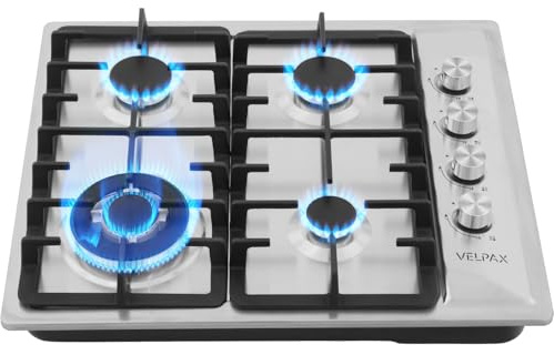 Piano Cottura a Gas, 4 Fuochi Piano Cottura a Gas da Incasso in Acciaio, Pulsante di comando laterale, con Protezione Automatica Della Fiamma, 7800 Watts, GPL/Gas naturale