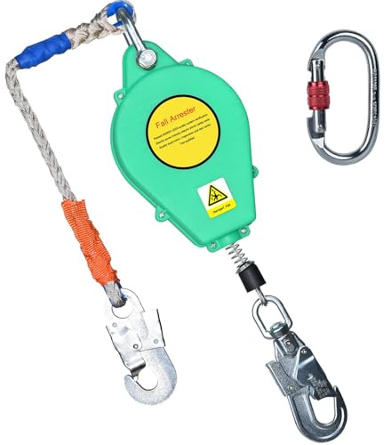 Aocay Dispositivo Anticaduta Retrattile Certificato CE, Professionale Anticaduta a Richiamo Automatico, Dispositivo di Sicurezza Anticaduta con Gancio Girevole a 360°, Capacità: 150KG(Verde,10m)