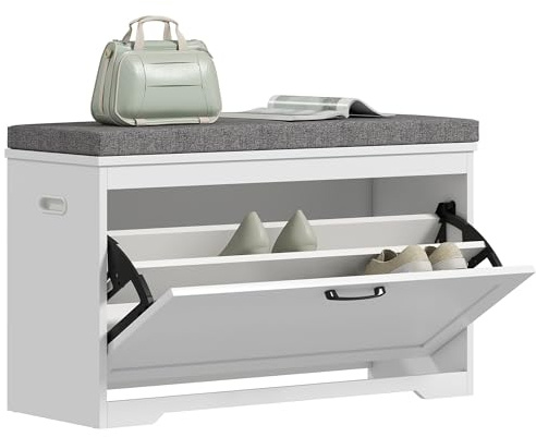 HOMCOM Banco Zapatero, Banco Recibidor Moderno, con Asiento Acolchado, Estante Ajustable, para 8 Pares de Zapatos, para Entrada, Pasillo, Dormitorio, 80x30x50 cm, Blanco