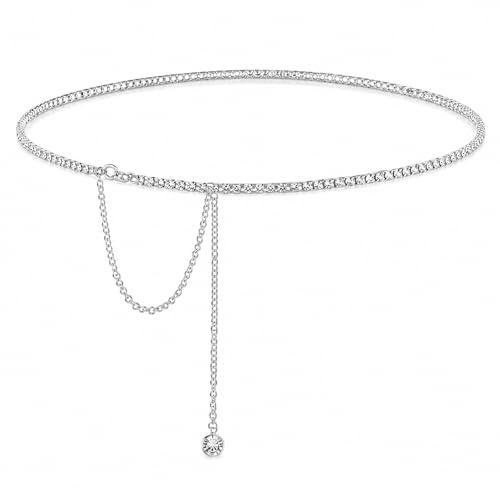 Crystal Rhinestone Waist Chain - Adjustable Silver Belly Chain for Women | Dainty minimalist body jewelry chain,sexy beach bikini accessory, festival rave party vacation essential for women