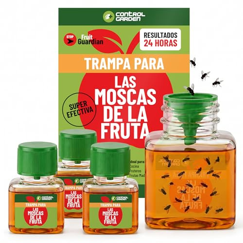 CONTROL GARDEN Trampa Moscas de la Fruta x4 Trampa Fruit Guardian | Cebo Atrayente Mosca Super Efectivo 24 Horas | Formula 100% Natural + Seguro Niños y Mascotas | Frutero, Cocina, Cubo Basura