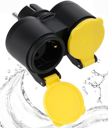 Adaptador de Enchufe Doble para Exteriores, Resistente al Agua IP44, Prolongador de 2 Tomas con Toma de Tierra (Schuko) 16A/250V/Máx 3680W