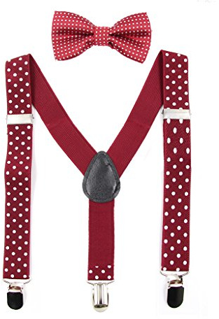 HANERDUN Bretelles pour Enfants Nœud Papillon Ensembles Bretelles Ajustables en Y avec Variété Couleurs - Rouge Foncé/Pois Blanc - Taille Unique