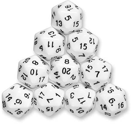 Lot de 10 dés polyédriques W20 pour Jeux de rôle et de Table (Blanc)