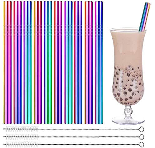 Strohhalme Edelstahl Bubble Tea Perlen,Wiederverwendbar Extra Breite Strohhalm (10 Stück),Trinkhalme Set mit 3 Reinigungsbürsten,Ideal Für Smoothie,Saft,Kaffee - Regenbogenfarben