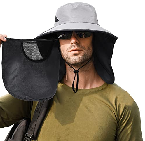 TAGVO Sombrero Pescador Hombre con Máscara Facial de Malla Desmontable Sombreros para el Sol Transpirable ala Ancha con Protección UV Gorro Plegable para Senderismo Cámping Jardinería