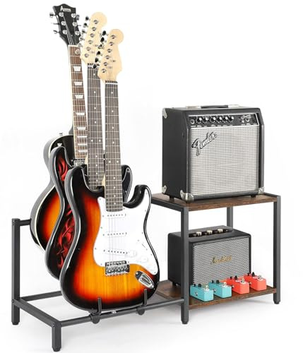 Bikoney Guitar Stand for 3 Electric Bass Guitars with Amp Stand - Heavy Duty Adjustable Guitar Rack Holder for Multiple Guitars & Accessories - Display & Storage Solution for Music Studio Home