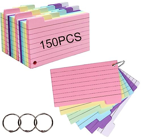SJBAUTYO 150PCS cartes de révision, cartes d'index vides perforées, fiches régulées, avec 3 anneaux de reliure,Convient pour la prise de notes,l'étude,le travail