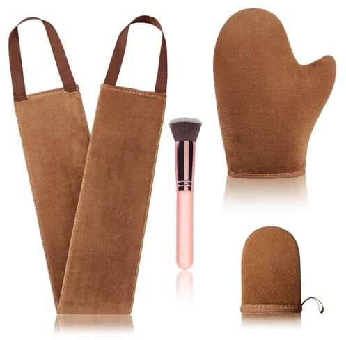 4 Pcs Self Tanner Mitt Applicator Kit - Self Tanning Mitt Glove,Self Tanner Back Applicator,Mini Face Tanner Mitt,Face Tanner Brush Soft Streak-Free Reusable & Washable for Women Girl Men (Brown)
