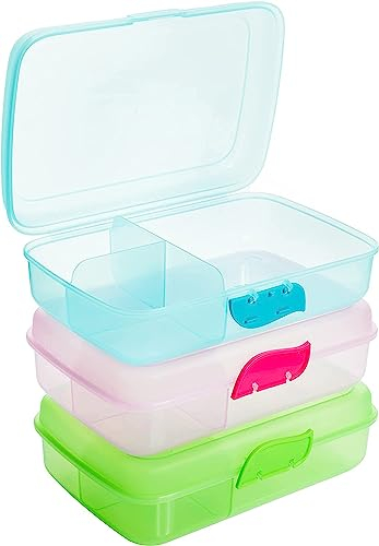 Brotdose Kinder mit Fächern 3er Set, Lunchbox Kinder ohne BPA, Frühstücksbox Brotzeitbox, Lunchboxen mit 3 Trennfächern + Clickverschluss, 100% Recyclebar, Leicht zu Reinigen, Grün, Blau, Rosa