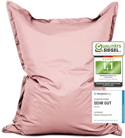 Lumaland Pouf géant XXL 140 x 180 cm | Coussin de couchage imperméable pour l'intérieur et l'extérieur avec plus de 3 millions de perles EPS adaptatives | Bean Bag avec housse lavable [Rose pastel]